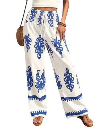 ZAFUL Boho Pants for Women Floral High Waisted Wide Leg Palazzo Pants Summer Trendy Casual Lounge Pants Women Vacation White&Blue M - Image 1