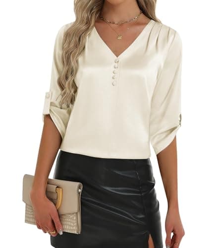 2026 Womens 3/4 Sleeve Shirts Dressy Casual Tops Pleated Satin Silk Business Blouses Apricot - Image 1