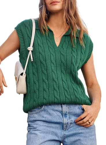 Dokotoo Vest V Neck Lapel Collar Cable Knit Vest for Women Cable Knit Summer Sweaters for Women Fall Outfits 2025 Green X Large - Image 1