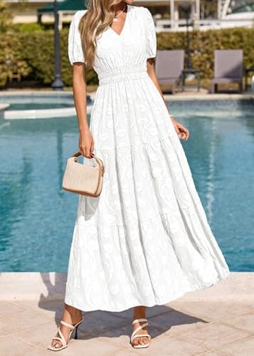 KIRUNDO Womens Boho Maxi Dress Summer Short Sleeve V Neck Floral Flowy A Line Formal Wedding Guest Baby Shower Long Dresses(White, X-Large) - Thumbnail 2