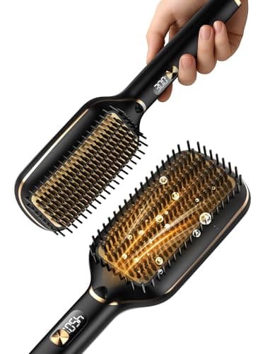 PRITECH Hair Straightener Brush - Upgraded Ionic Plus, Dense Bristles, 5 Temps, 20s Fast Heat, Anti-Scald, Dual Voltage | Ceramic for Thick/Curly Hair (Black Gold) - Image 1