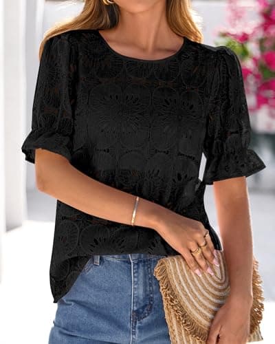 KIRUNDO Lace Tops for Women Blouses Dressy Casual Boho Eyelet Puff Short Sleeve Shirts Spring Summer Clothes Vacation Outfits(Black, Medium) - Thumbnail 5