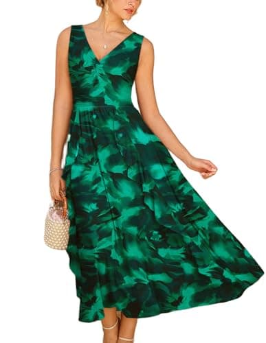 GRACE KARIN Women's Summer Sleeveless Maxi Dress V Neck Floral Wedding Guest Dress Beach Vacation Clothes Green Floral M - Image 1