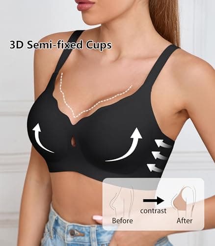 POSESHE Womens Comfortable Wave Wireless Bras Push Up Seamless Bralettes Soft V Neck Brassiere Scalloped Full Coverage Everyday Basic Bra Black - Thumbnail 2