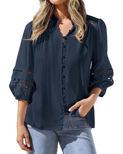 BTFBM 3/4 Length Sleeve Womens Tops Summer Blouses Eyelet Hollow Out Button Down Shirts Business Casual Outfits 2026(Navy, X-Large) - Image 1