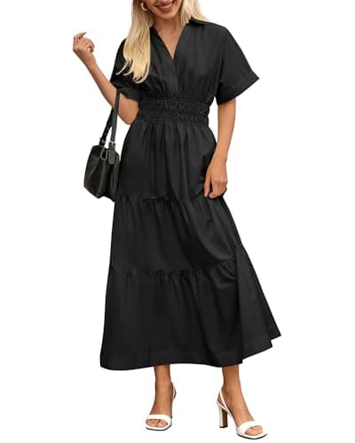 BTFBM Wedding Guest Dresses for Women Beach Fashion Casual Short Sleeve V Neck Solid Spring Summer Boho Maxi Dress (Black,Small) - Image 1