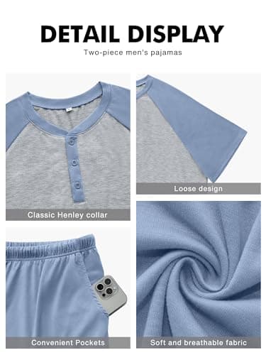 NITAGUT Mens Pajama Set 2 Piece Henley Sleepwear Lightweight Short Sleeve Loungewear Soft Comfy Sleep Set with Button,Blue M - Thumbnail 5