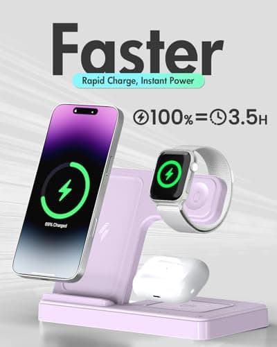 Wireless Charger Stand Charging Station: 3 in 1 Charger Multiple Devices for Apple iPhone 17 16e 16 15 14 Pro Max 13 12 11 for Watch 11 10 9 8 7 6 5 4 3 2 SE and Ultra & Airpods Series, Light Violet - Thumbnail 5