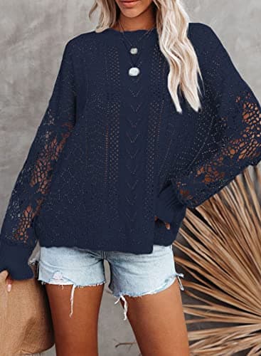 Dokotoo Fall Sweaters for Women Round Neck Crochet Long Sleeve Sweater Tops Casual Cable Knit Jumpers Pullovers M Dark Blue - Thumbnail 5