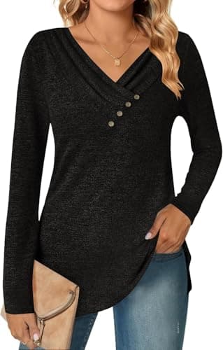 ALPSWARE Tunic Shirt Long Sleeve Basic Top V Neck Tunics Tshirt for Women 2025 Fall Black S - Thumbnail 4