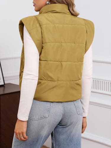 Tankaneo Womens Cropped Puffer Vest Cap Sleeve Zip Up Puffy Qulited Jacket Stand Collar Padded Gilet Coat Winter Outerwear - Thumbnail 3