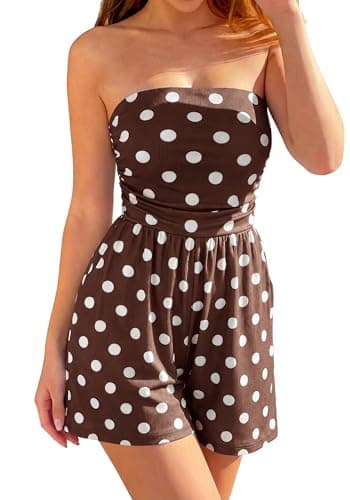 BTFBM Romper For Women 2026 Spring Strapless Printed Tube Boho Wide Leg Beach Short Jumpsuit Summer Date Night Rompers(Polka Dots Brown, X-Large) - Image 1