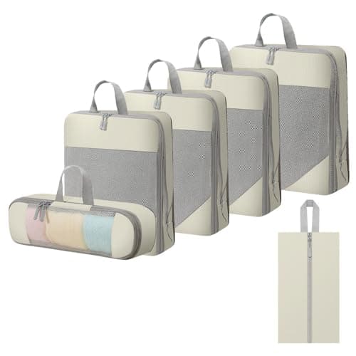 WOOMADA Compression Packing Cubes for Suitcases Travel Essentials 6 Set Rectangle Mesh Expandable Travel Bags Organizer for Luggage(Beige) - Image 1
