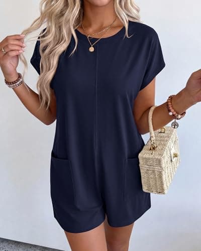 BTFBM Rompers for Women Summer 2026 Casual Dressy One Piece Shorts Tshirt Pants Jumpsuit Beach Vacation Clothes Outfit(Navy Blue, Small) - Thumbnail 5
