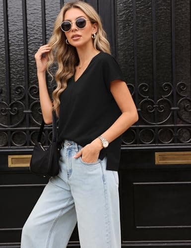 Totatuit Women's Sexy Deep V Neck Oversized Tunic Top Cap Sleeve Loose Fit T Shirts for Summer Dressy Casual Business Tops Low Cute Tee Black Medium - Thumbnail 5