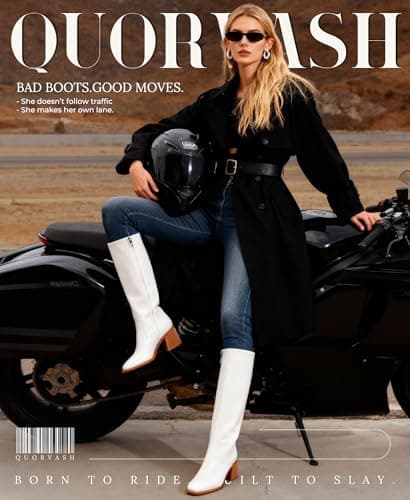 Quorvash Knee High Boots Women - Long Elastic Faux Leather Boots Tall Square Toe Chunky Block High Heel Shoes with Side Zipper White 8 - Thumbnail 2