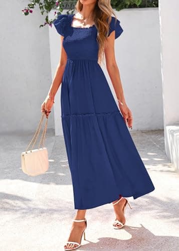 KIRUNDO Smocked Summer Dresses for Women 2026 Wedding Guest Midi Flowy Ruffle Short Sleeve Square Neck Tiered Sundress(Dark Blue, X-Large) - Thumbnail 5