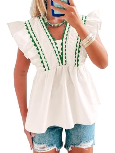 Tankaneo Womens Ruffle Cap Sleeve Babydoll Blouse Dressy Casual Summer V Neck Peplum Tops Loose Fit Pleated Shirts Beige - Image 1