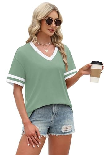 WIHOLL Plus Size Clothes for Women Clothing Women's Tops, Tees & Blouses Spring Tops 2026 Oversized Tshirts Beach Vacation Clothes Summer Outfits V Neck Fashion Eatster Shirts Light Green 2XL - Thumbnail 4