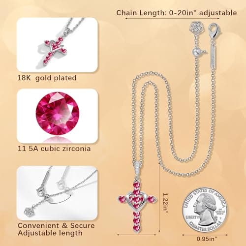 Helirose Heart Cross Necklace for Women, 18K White Gold Plated CZ Faith Pendant, Anti-Tarnish Hypoallergenic Jewelry, 20" Adjustable Chain, Ideal for Birthday, Anniversary, Mother's Day, Everyday Wear (Rose Red-Silver) - Thumbnail 5