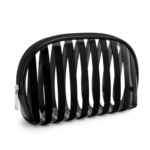 Edelefas Clear Black Striped PVC Makeup Bag, Small 8.3 x 4.7 x 2.8 Inch Waterproof Travel Toiletry Bag with Handle, TSA Approved Clear Cosmetic Organizer for Travel Gym Bathroom