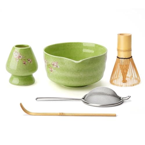 Joiish Matcha Whisk Set, Cute Flower Matcha Kit, 18 oz Ceramic Bowl with Spout, Whisk Holder, Bamboo Whisk, Stainless Sifter & Scoop, 5-PC Perfect Macha Tea Set Gift for Daily, Ceremony - Image 1