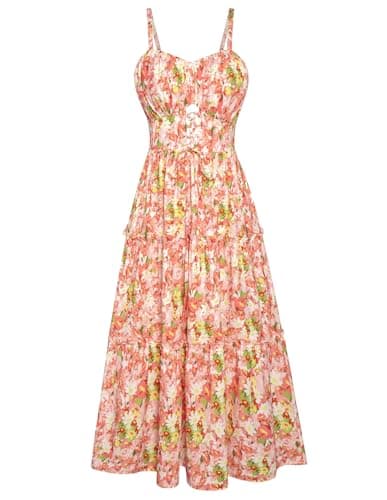 Casual Summer Dresses for Women 2026 Floral Boho Dress Spaghetti Strap Sundress Smocked Tiered Dress Yellow White Floral M - Image 1