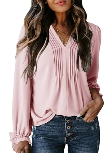 Dokotoo Womens Tops Long Sleeve Shirts V Neck Basic Fall Clothes Trendy leated Pink T Shirts Business Outfits Casual Tops Oversized Blouses Pink T Shirt Medium - Image 1