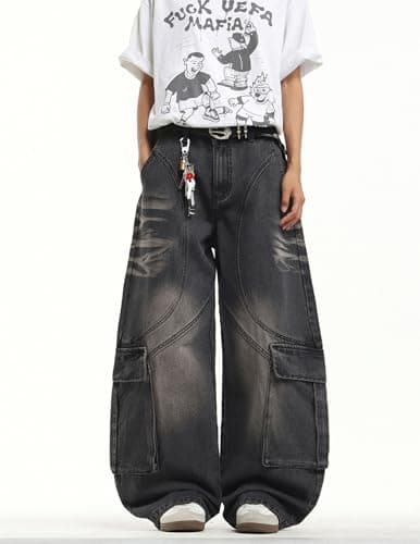Men's Y2k Hip Hop Baggy Jeans Wide Leg Skater Pants Loose Fit Denim Pantalones Long Trousers Streetwear Rock Black - Thumbnail 2