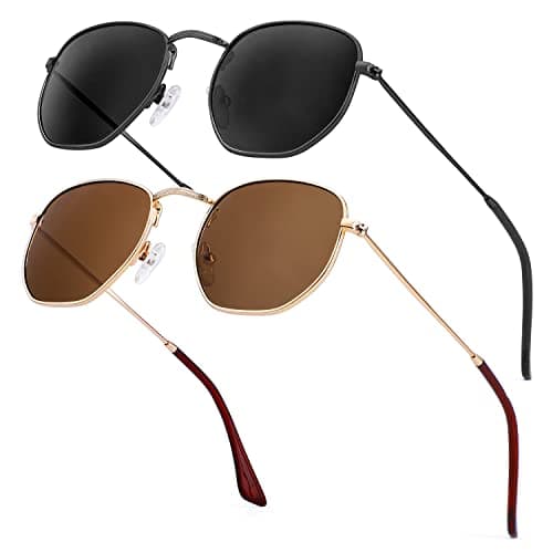 KALIYADI Sunglasses for Women and Men, Polarized Square UV Protection, Trendy Metal Frame Hexagon Sunglasses (2 Packs Grey&Brown) - Image 1