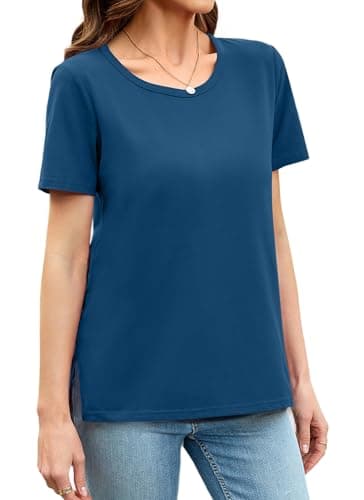 Herou Summer Tops for Womens Short Sleeve T-Shirts Tees with Side Split Dusty Blue Small - Image 1