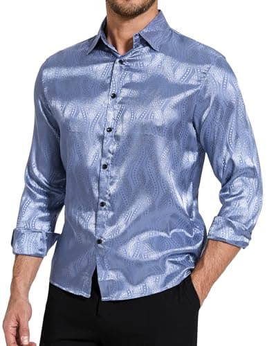 ZAFUL Mens Long Sleeve Shirts Button Up Solid Casual Jacquard Business Formal Silky Dress Shirt Blue S - Thumbnail 6
