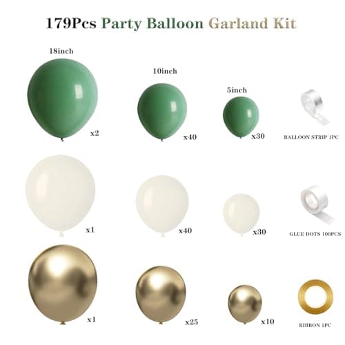 179pcs Sage Green White Sand Gold Balloon Garland Arch Kit for Anniversary Wedding Bridal Shower Birthday Party Decorations - Thumbnail 2