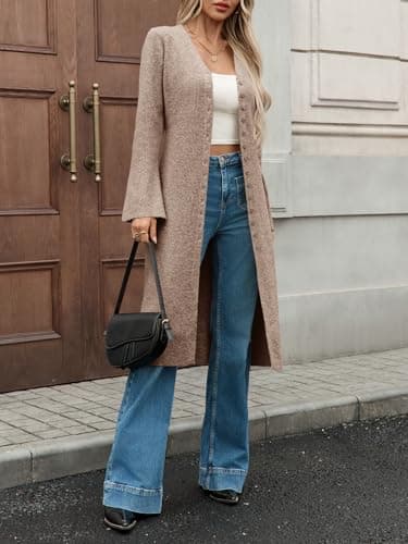 Saodimallsu Womens Long Cardigan Sweaters Oversized Bell Sleeve Open Front Button Down Casual Knit Fall Midi Dress Khaki - Thumbnail 6