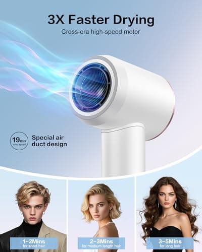 Hair Dryer with Diffuser,High Speed Ionic Blow Dryer 500 Millions Negative Ionic Low Noise,Magnetic Attachments,Thermo Control for Home Travel Salon White - Thumbnail 3