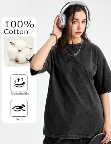 Yimoon Oversized Tshirts for Women Acid Wash Cotton Tee Shirts Baggy Boyfriend Vintage Streetwear Tops(Blackgreykhaki-XLarge) - Thumbnail 4