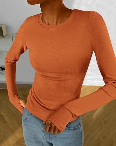 BTFBM Womens Tops 2026 Spring Outfits Long Sleeve Shirts Crewneck Work Blouses Stretchy Slim Fit Going Out Top Workout(Brick Red, Medium) - Thumbnail 6