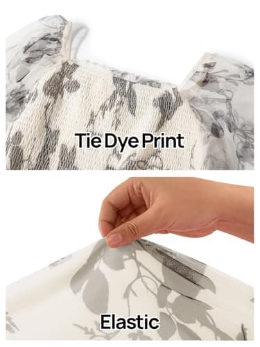 MEROKEETY Women's 2025 Summer Short Sleeve Floral Tulle Dress Square Neck Smocked Party Wedding Boho Maxi Dresses, Beige, XL - Thumbnail 6