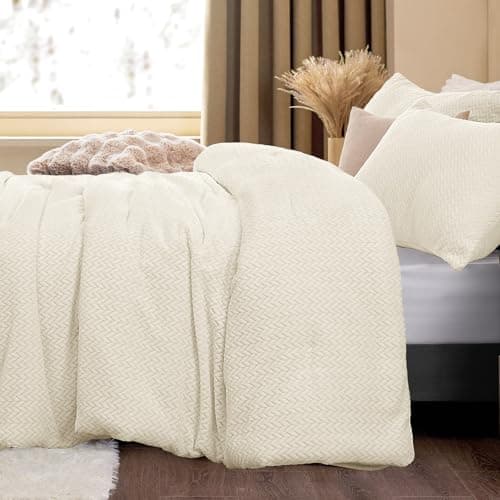 ChiXpace Flannel Fleece Comforter King Set - Furry Beige Leaves Pattern Faux Fur Bed Set, Winter Ultra Soft Fuzzy Comfort Set, Velvet Bedding Set for Bed with 2 Pillow Cases - Image 1