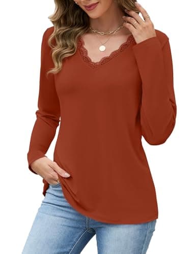 JUSTFASHIONNOW Lace Long Sleeve Tops for Women V Neck T Shirts Business Casual Blouses Cute Tunic Tops Trendy Comfy Tee Winter Outfits 2025 (Caramel,Large) - Thumbnail 3