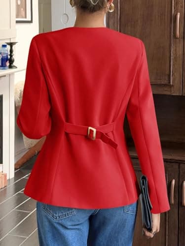 Cicy Bell Womens Business Casual Fitted Blazers Collarless Split Hem Work Office Button Down Suit Jackets Red - Thumbnail 5