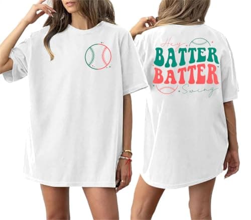 Baseball Shirts Women Oversized: Baseball Mom Tshirt Hey Batter Batter Swing Softball Graphic Tee Ballparks Tops White - Image 1