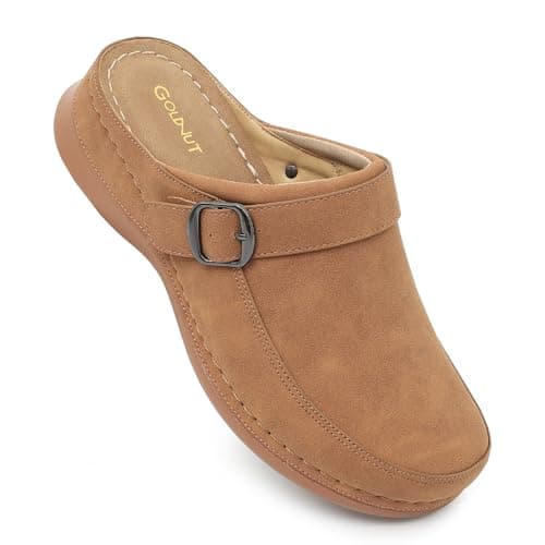 Goldnut Women's Dark Brown Closed Toe Clogs Mules Comfortable Clogs with Arch Support Buckle Lined Slip On Mules Sandals for Woman Size 7.5
