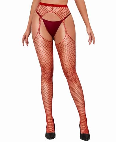 RSLOVE Women’s Fishnet Suspender Stockings - High Waist Fishnet Tights Sexy Lingerie for Intimate & Daily Wear One Size Red - Image 1
