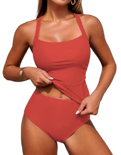 ZAFUL Tankini Swimsuits for Women Bathing Suits Tummy Control Two Piece Tankini Sets Ruched Tankini Tops with Bottom Coral Pink M - Image 1