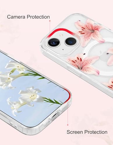 Aitipy Lily Phone Case for iPhone 15, Compatible with MagSafe, Cute Clear TPU Slim Shockproof Protective Phone Cover for Women Girls, Pink Lily - Thumbnail 4