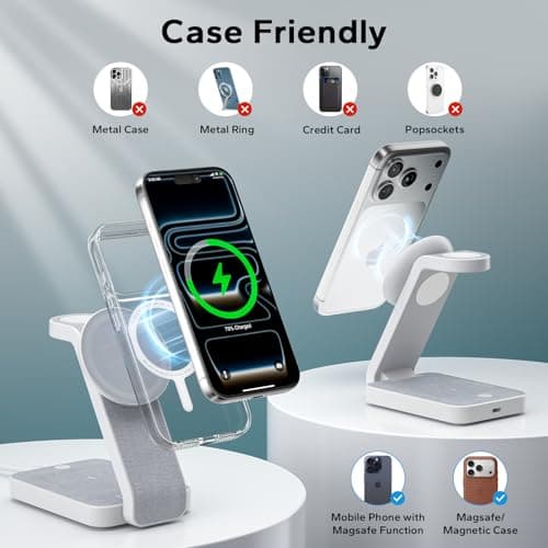Eazpower 3 in 1 Foldable Wireless Travel Charging Station for MagSafe, Nightstand Magnetic Charger Stand for iPhone 17 16 15 14 Pro Max, Charging Dock with Night Light for Apple Watch/AirPods (White) - Thumbnail 4