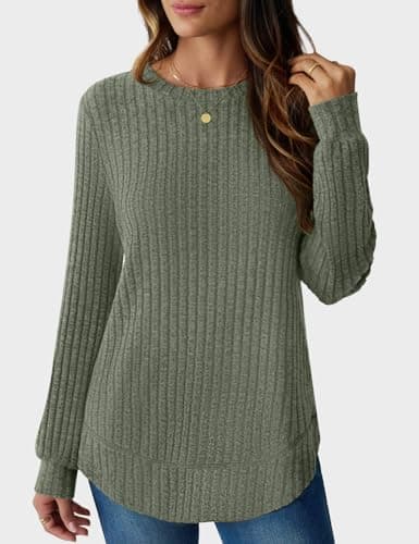 JUSTFASHIONNOW Womens Sweaters Trendy Lightweight Casual Long Sleeve Shirts 2025 Crewneck Fall Tunic Tops Loose Fit Dressy (Army Green, Small) - Thumbnail 3