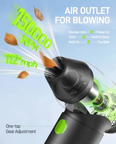 YOFIGO Electric Air Duster-150,000 RPM 4-Gear Adjustable Aluminum Alloy Compressed Air Duster, Cordless Air Duster for Keyboard Cleaning, 2-in-1 Vacuum for House or Car Interiors, Mini Blower for Car - Thumbnail 3