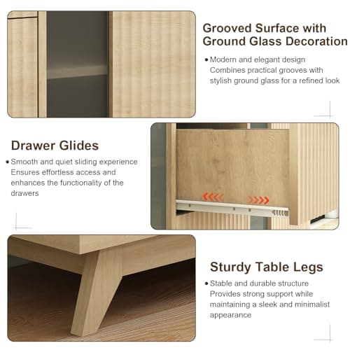 GlouMod Fluted Sideboard Buffet Cabinet with Storage, 47" Modern Mid Century Coffee Bar Storage Cabinet with Doors and Drawers, Narural Oak - Thumbnail 5